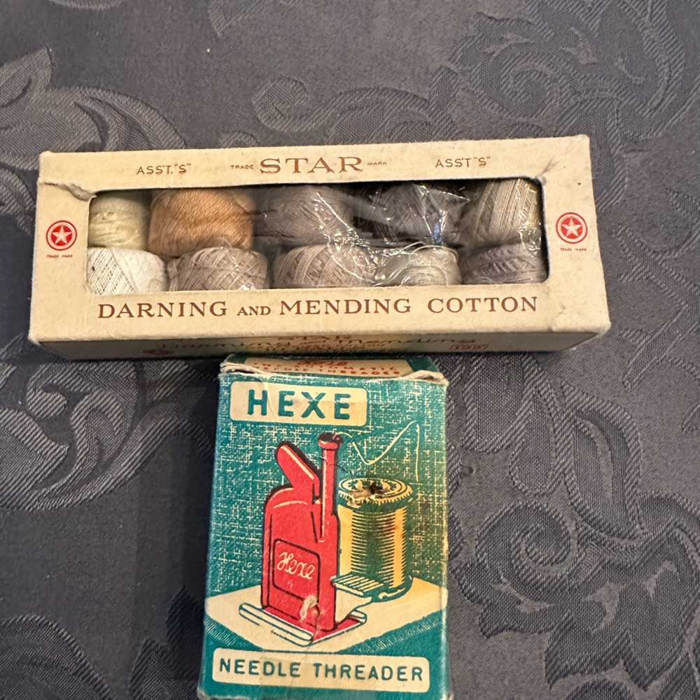 Needle threader and darning and mending cotton thread